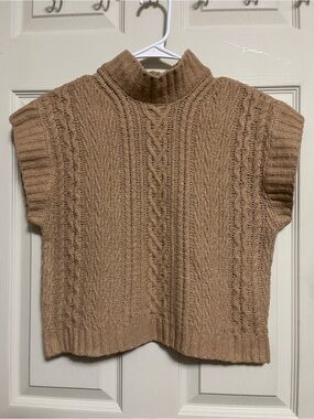 Pink Rose Cable-Knit Mock Neck Sweater Vest in Camel